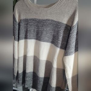 Zenana Striped Scoop Neck Sweater Balloon Sleeves Sz Large